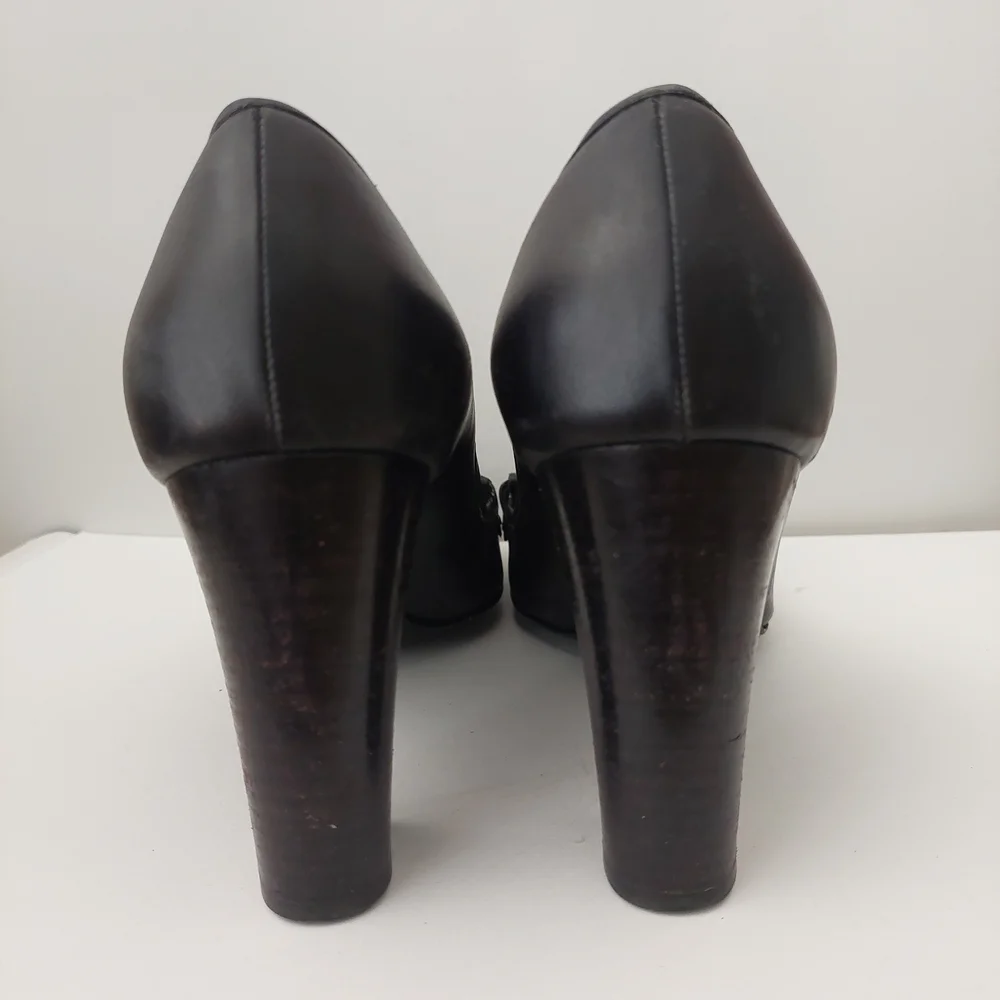 Salvatore Ferragamo Black Heeled Loafers with Gold Accents - Picture 2 of 7